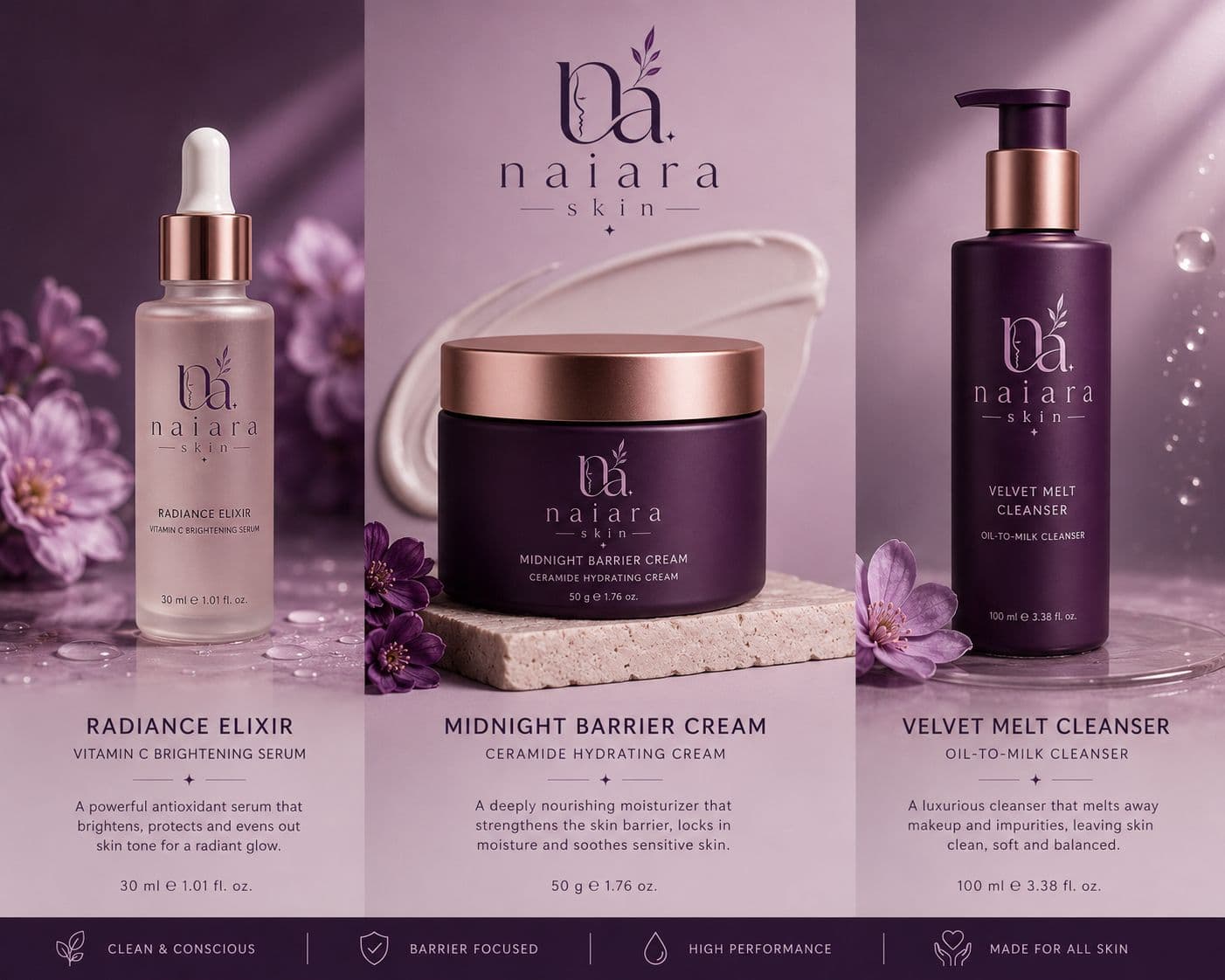 Naiara Skin full ritual bundle with Radiance Elixir, Midnight Barrier Cream, and Velvet Melt Cleanser