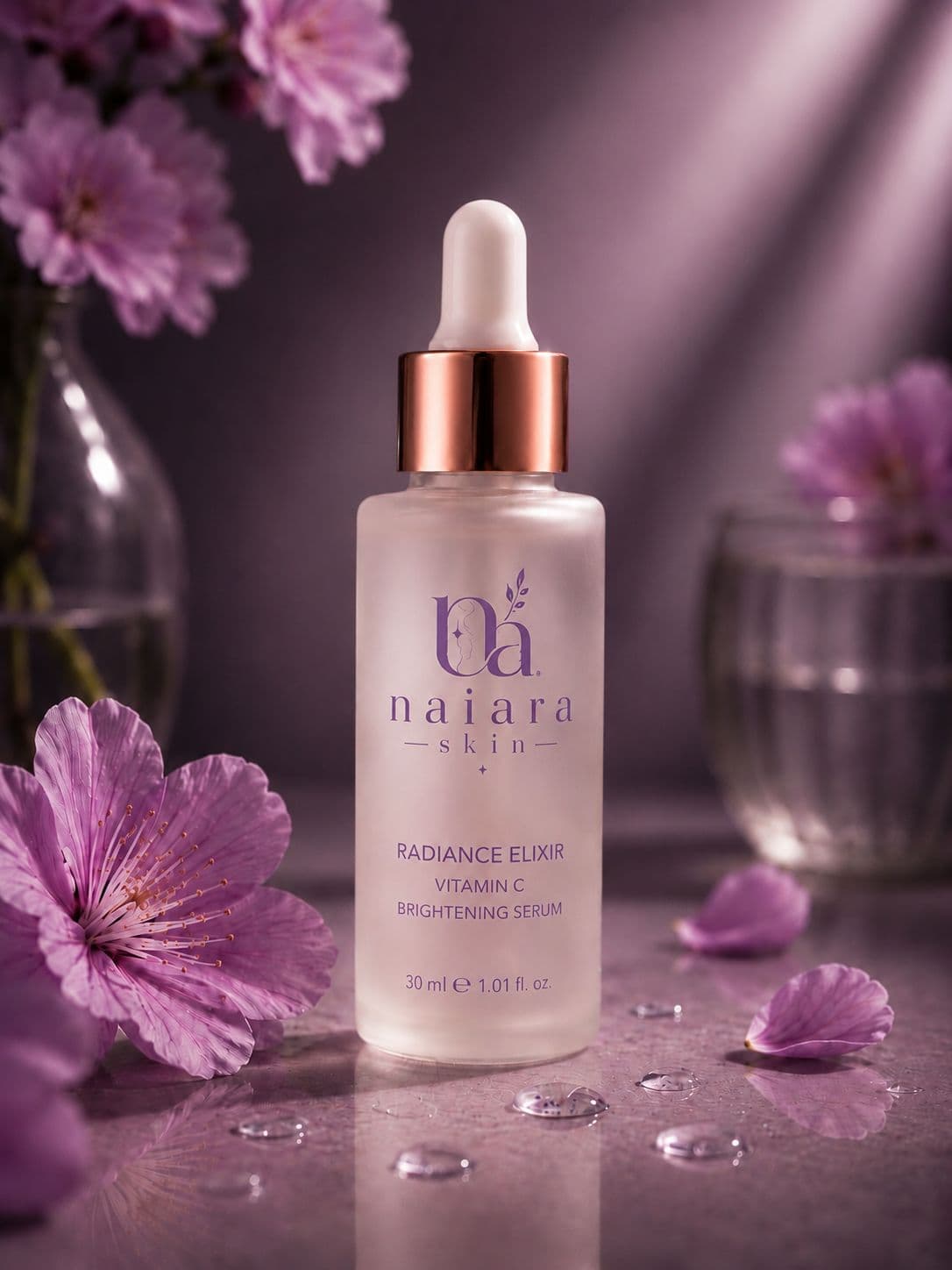 Naiara Skin Radiance Elixir serum bottle with floral styling