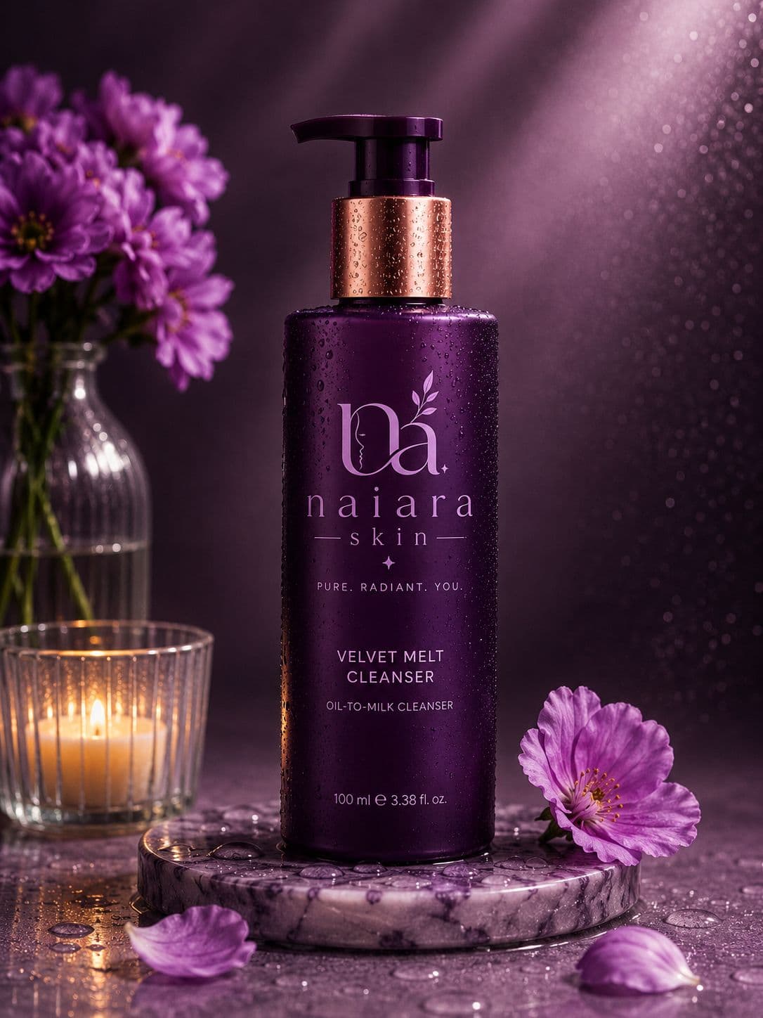 Naiara Skin Velvet Melt Cleanser bottle with floral styling