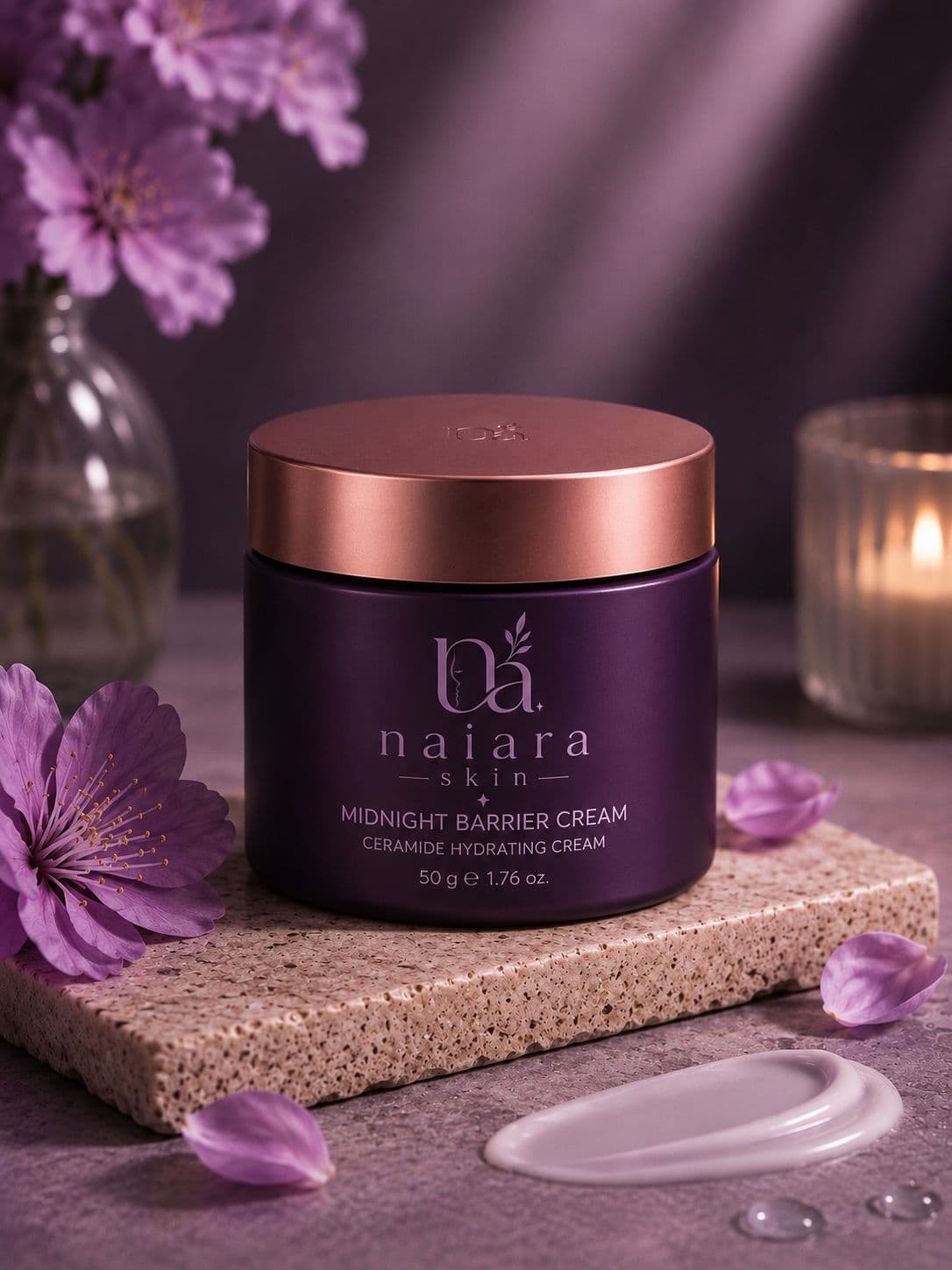 Naiara Skin Midnight Barrier Cream jar with floral styling