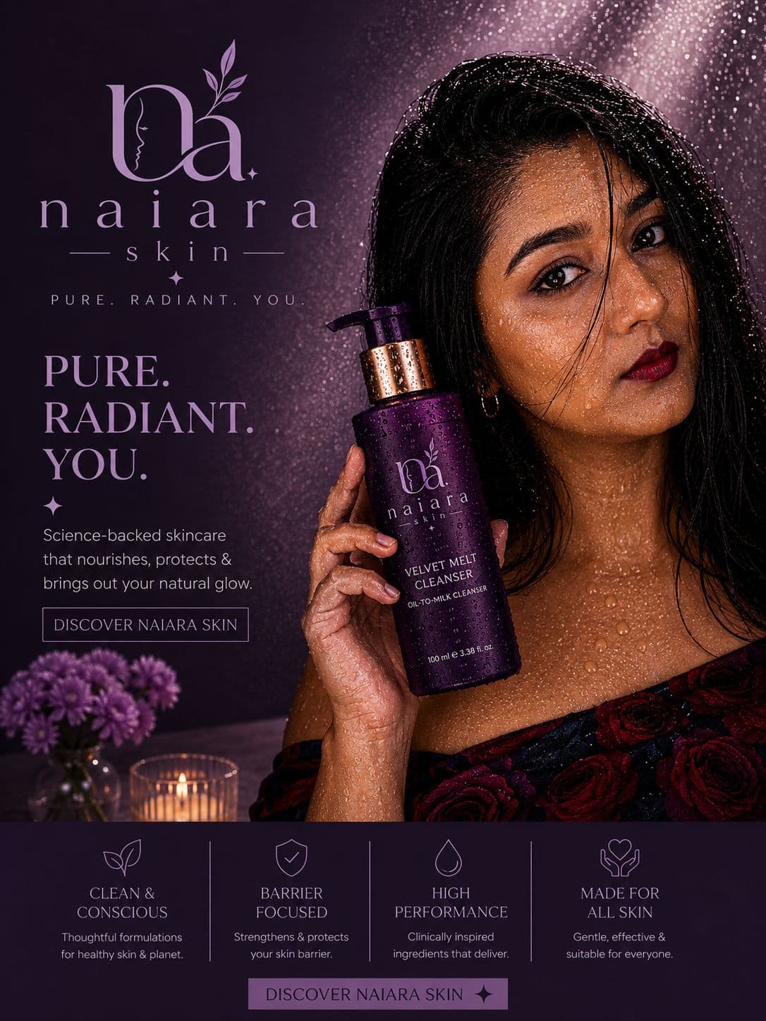 Naiara Skin Velvet Melt Cleanser campaign portrait with water and plum styling