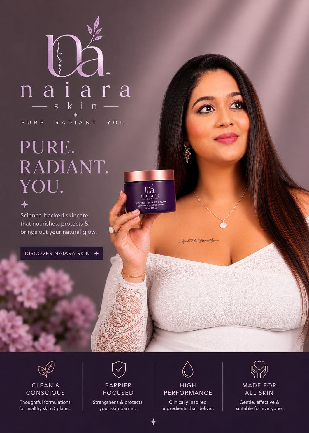 Naiara Skin Midnight Barrier Cream campaign portrait with brand messaging